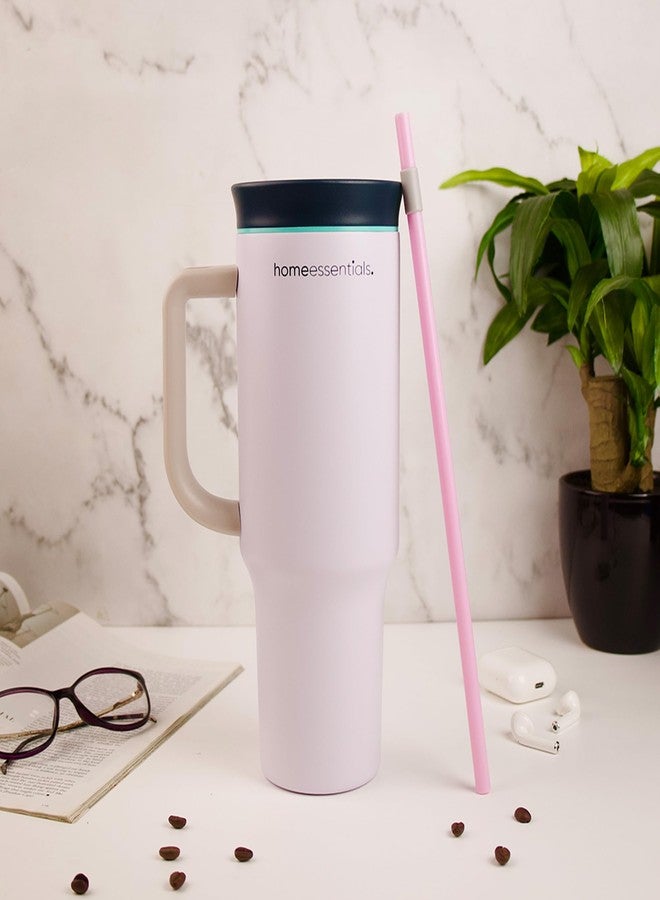 هوم إسنشالز كوب هوم إسينشالز المصنوع من الفولاذ المقاوم للصدأ بسعة 1200 مل مع غطاء وماصة - معزول بتفريغ الهواء، مقاوم للانسكاب - يحافظ على المشروبات ساخنة أو باردة لمدة 12 ساعة - مثالي للمكتب، والنادي الرياضي، والسفر - (أبيض) - Image 1